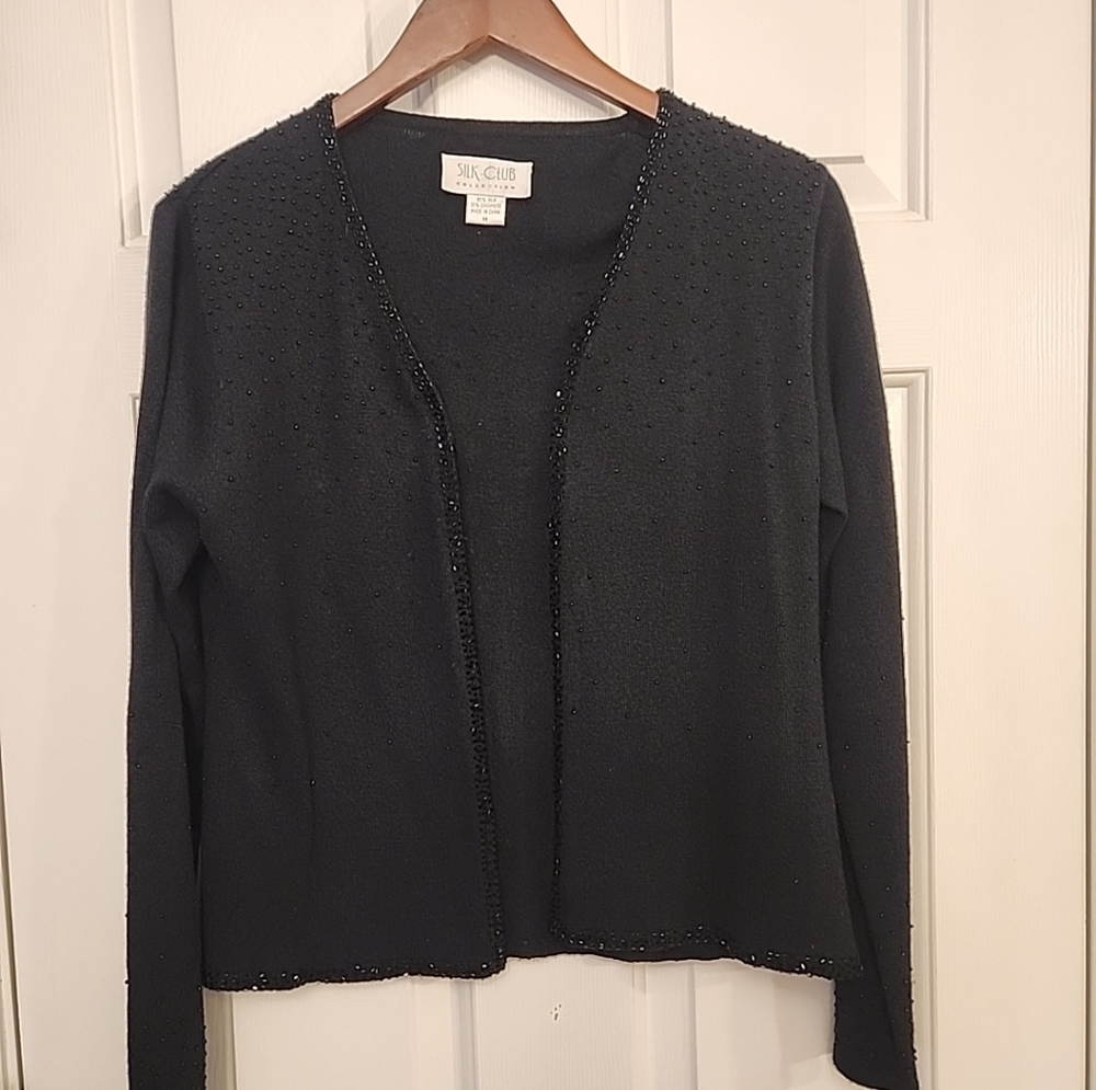Silk Club Collection SILK & CASHMERE Sz M Black Open Cardigan Embellish Beading